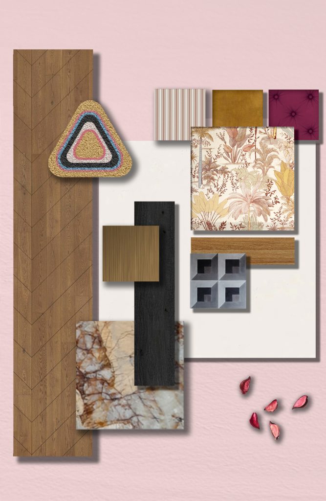 Material board, Chevron, Patagonia Granite, Botanical Wallpaper, Velvet