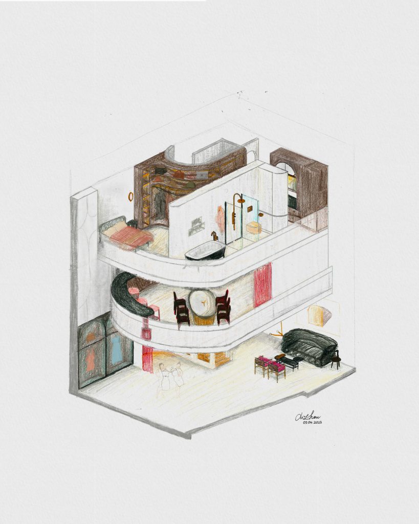 Architecture hand sketch, hand rendering, colour pencil drawing, Modern Italian interior deisgn