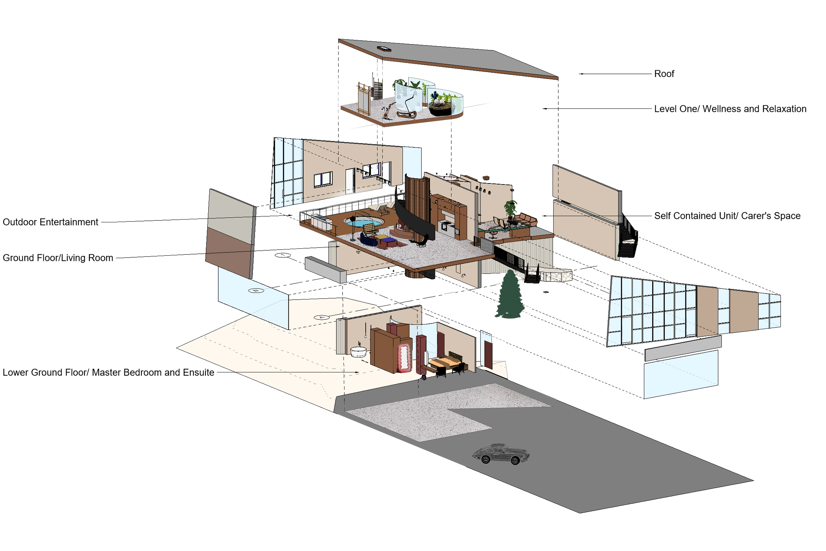 Exploded axonometric, architecture drawing, isometric