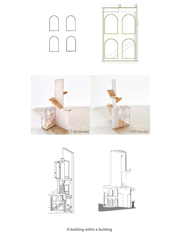 Architecture concept, Building within a building, arches, stairs, Italian inspired design