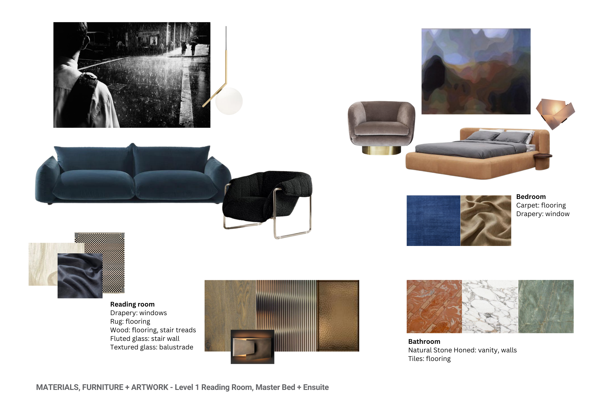 MATERIALS, FURNITURE + ARTWORK - Level 1 Reading Room, Master Bed + Ensuite