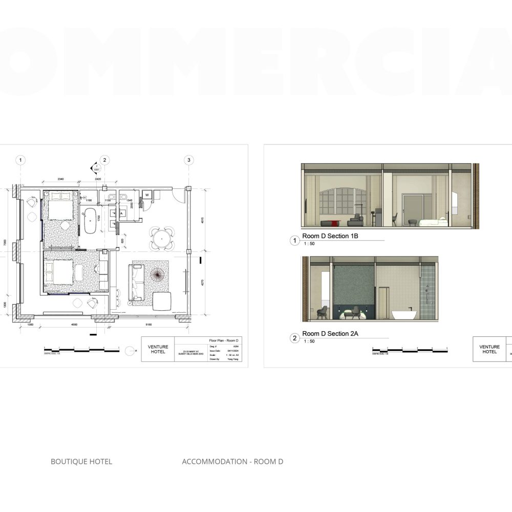 Boutique Hotel - Room D Floor Plan & Sections